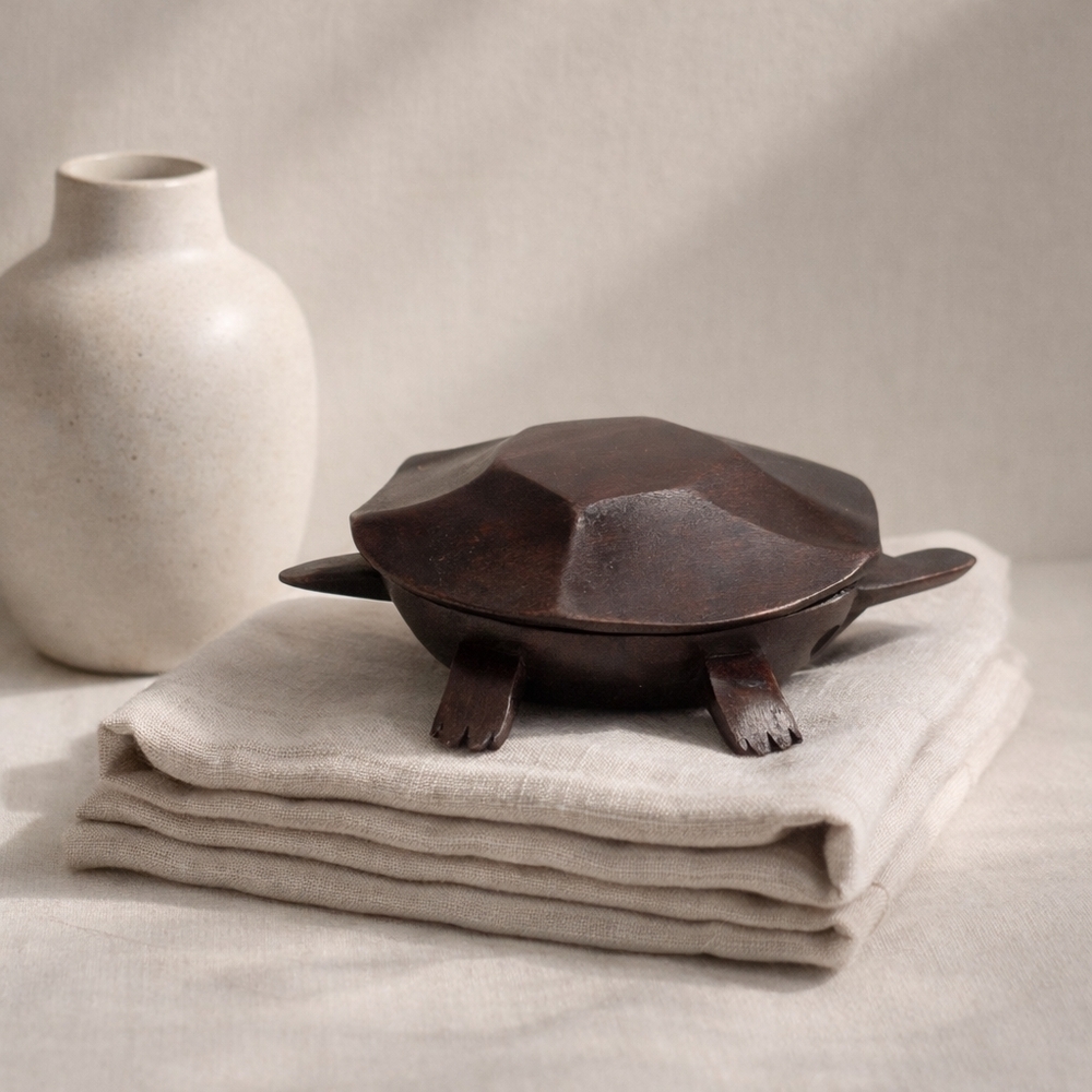 Organic Modern Carved Wood Turtle Box 7.5” Boho Decor Folk art